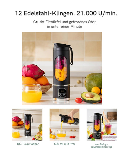 12 Edelstahl-Klingen, 21.000 U/min – Feature-Übersicht des USB-Smoothie-Blenders