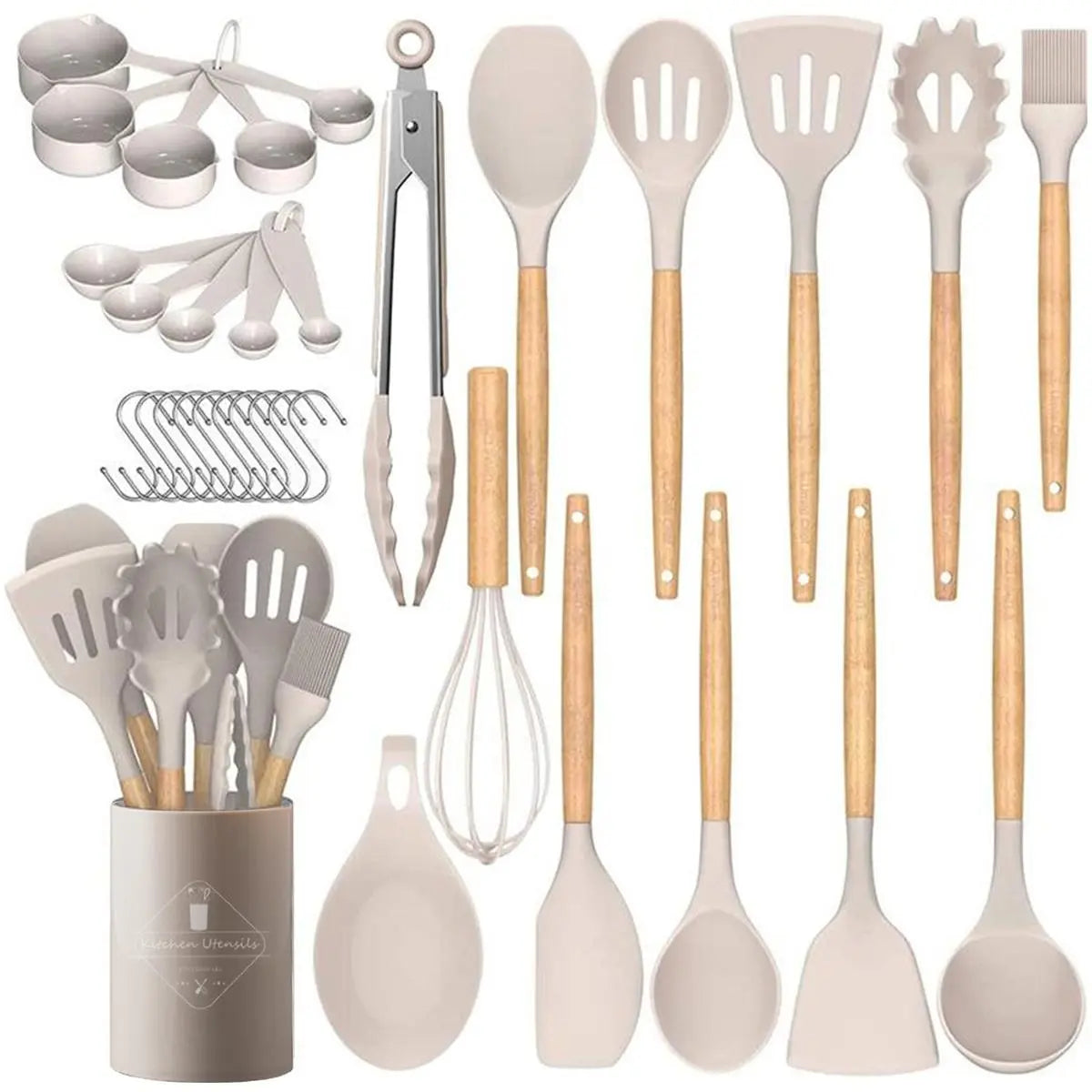 33-teiliges Silikon-Küchenutensilien-Set mit Holzgriffen und Halter