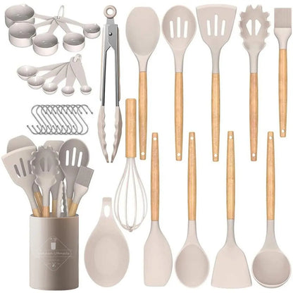 33-teiliges Silikon-Küchenutensilien-Set mit Holzgriffen und Halter
