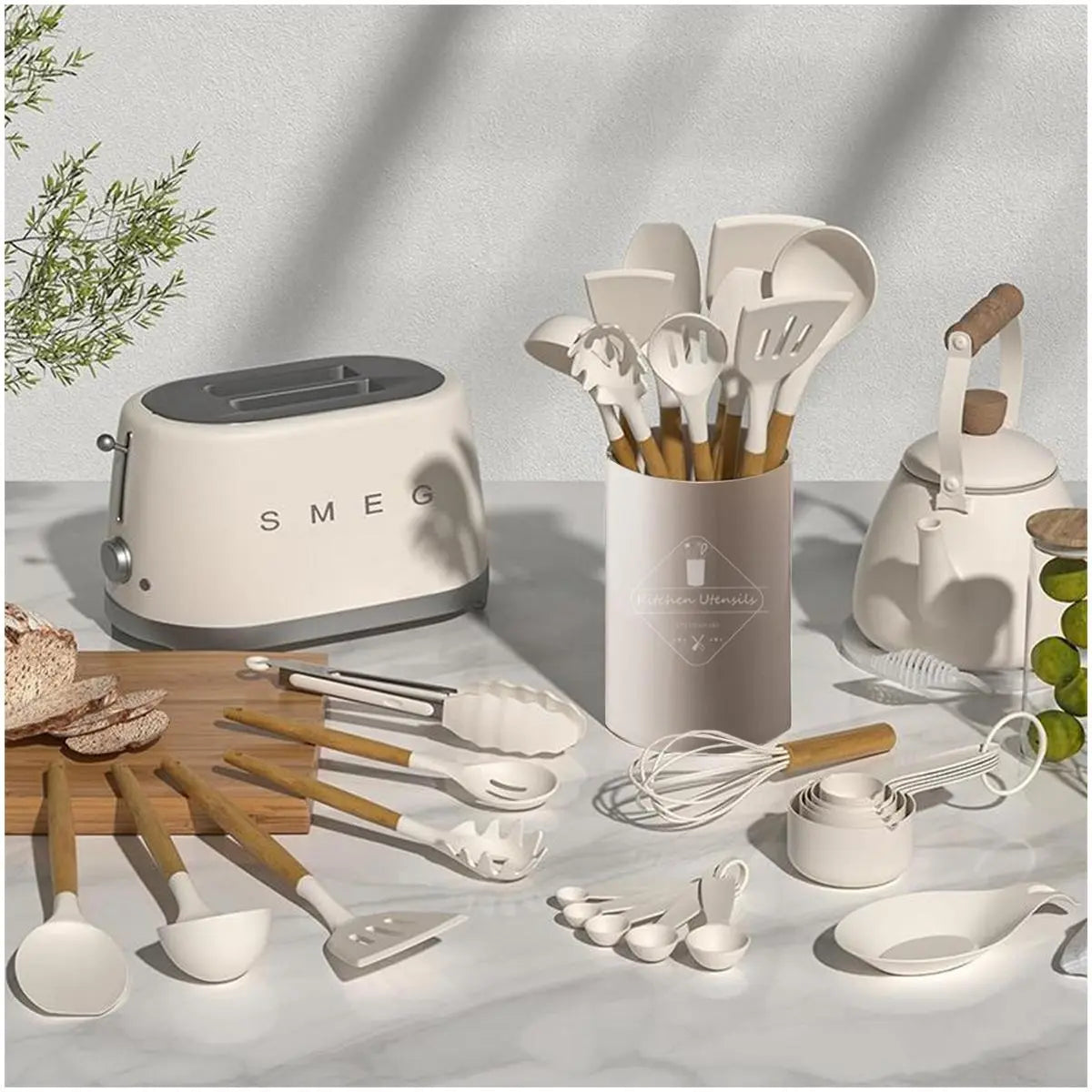 33-teiliges Silikon-Küchenutensilien-Set mit Holzgriffen und Halter