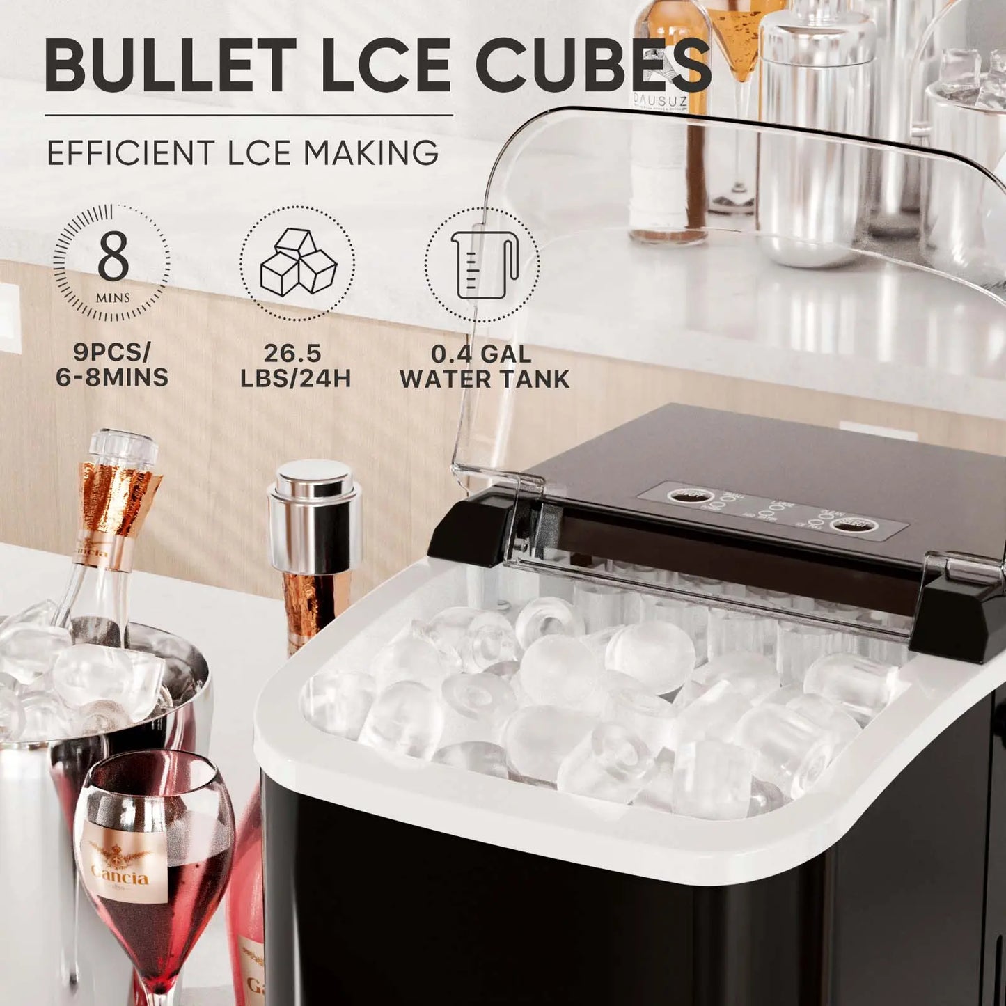 Ultimate Bullet Ice Maker - Compact, Self-Cleaning Countertop Machine Producing 26.5Lbs of Ice Daily with Quick 6-Minute Freeze Time and Two Cube Sizes, Includes Scoop & Storage Basket