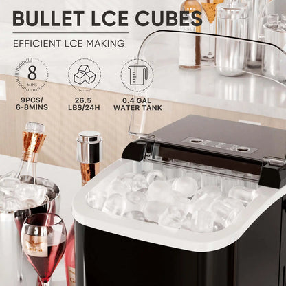 Ultimate Bullet Ice Maker - Compact, Self-Cleaning Countertop Machine Producing 26.5Lbs of Ice Daily with Quick 6-Minute Freeze Time and Two Cube Sizes, Includes Scoop & Storage Basket