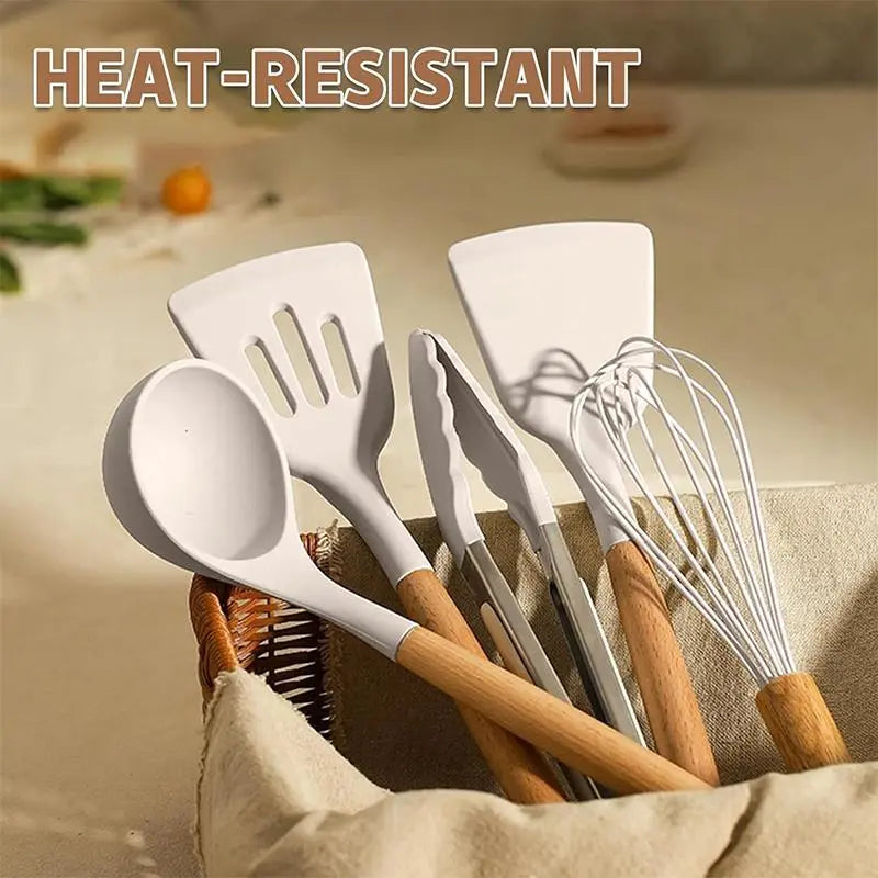 Ultimate 33-Piece Non-Stick Silicone Kitchen Utensils Set with Wooden Handles and Convenient Holder - Perfect for Every Home Chef!