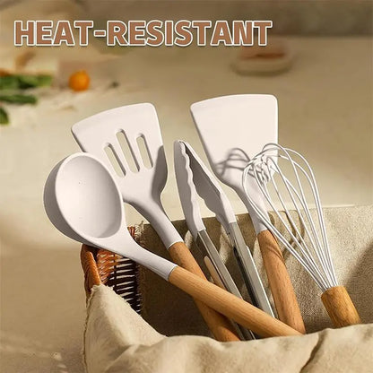 Ultimate 33-Piece Non-Stick Silicone Kitchen Utensils Set with Wooden Handles and Convenient Holder - Perfect for Every Home Chef!
