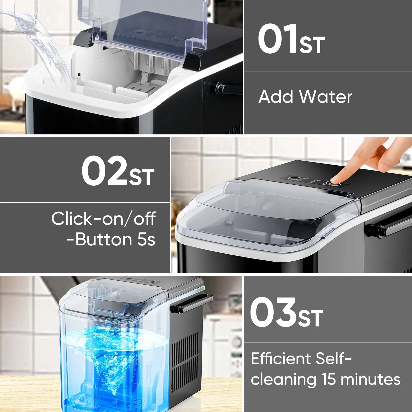 Ultimate Bullet Ice Maker - Compact, Self-Cleaning Countertop Machine Producing 26.5Lbs of Ice Daily with Quick 6-Minute Freeze Time and Two Cube Sizes, Includes Scoop & Storage Basket