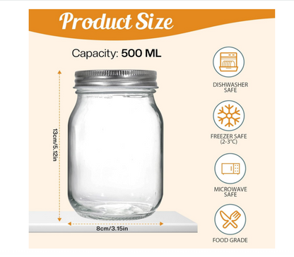 Pack of 6 Preserving Jars, 500 Ml Airtight Preserving Jars with Screw Lid, Jam